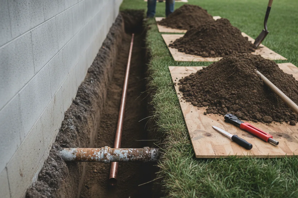 Excavated water line trench during Sewer Line Repair in Sumerduck